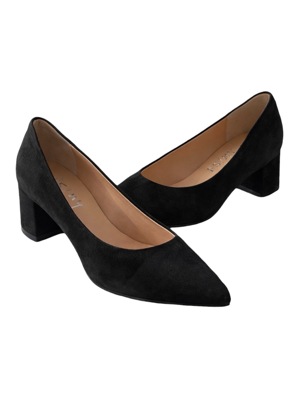 French Sole NY Black Suede Pumps Womens Sz 7 Pointed Toe Block Heel Italy
